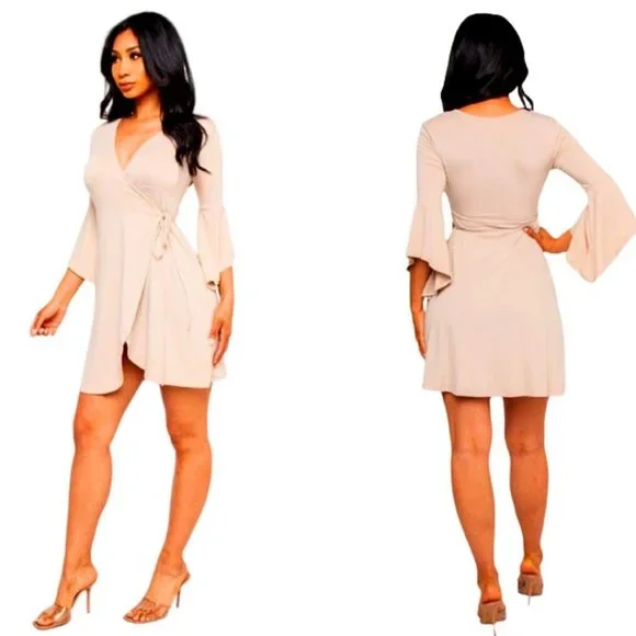SALE NWT Mini Wrap Dress Women's Cream Bell Sleeve Flowy - Picture 2 of 4